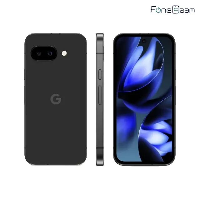 Google Pixel 9a front, rear and side in Obsidian