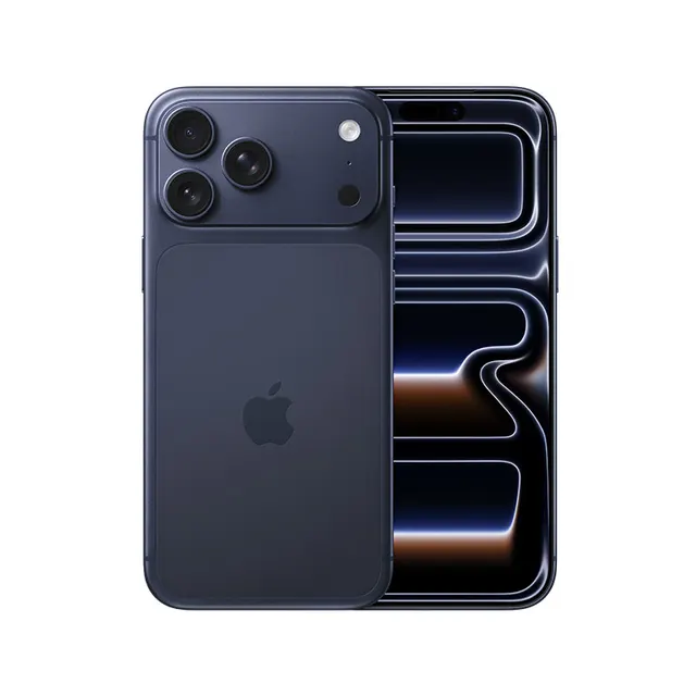 Apple iPhone 17 Pro Max in Deep Blue shown from the front and back