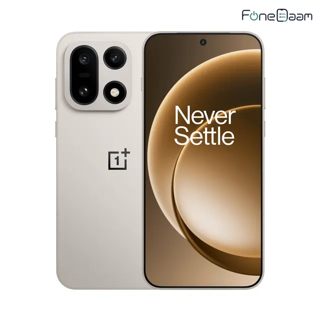 OnePlus 15 Sand Storm complete front and triple-camera rear manufacturer render