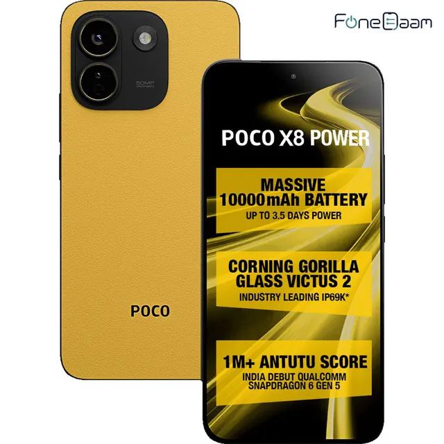 POCO X8 Power in Yellow, front and rear with manufacturer feature text