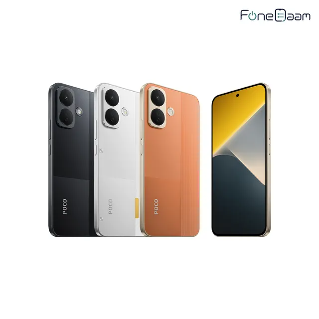 POCO X8 in Black, White and Orange with front display