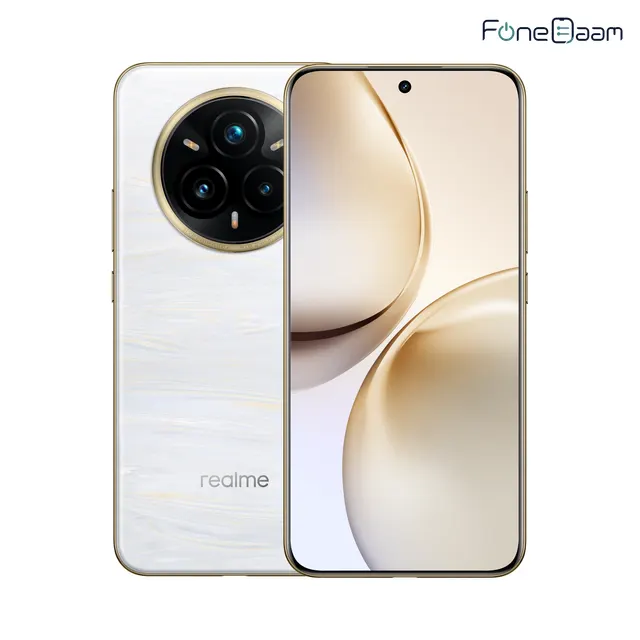 Official realme 14 Pro+ 5G product image showing the rear camera and curved display
