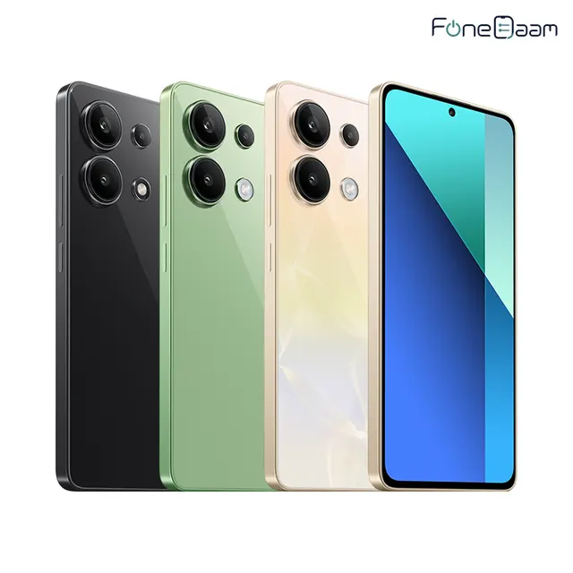 Redmi Note 13 4G manufacturer artwork showing complete Midnight Black, Mint Green and Ocean Sunset rear views alongside the front