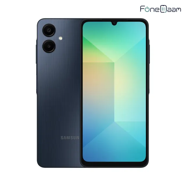 Official Samsung Galaxy A06 product image showing the rear cameras and front display