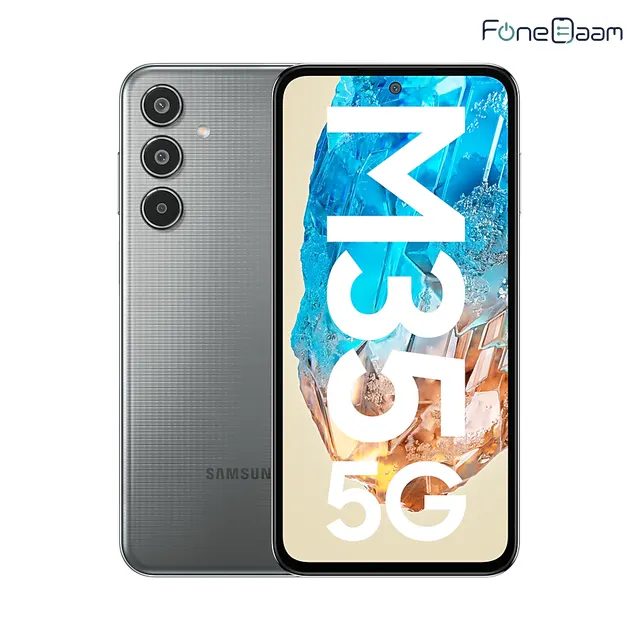 Samsung Galaxy M35 5G manufacturer artwork showing the complete Gray front and rear with native on-screen M35 5G artwork